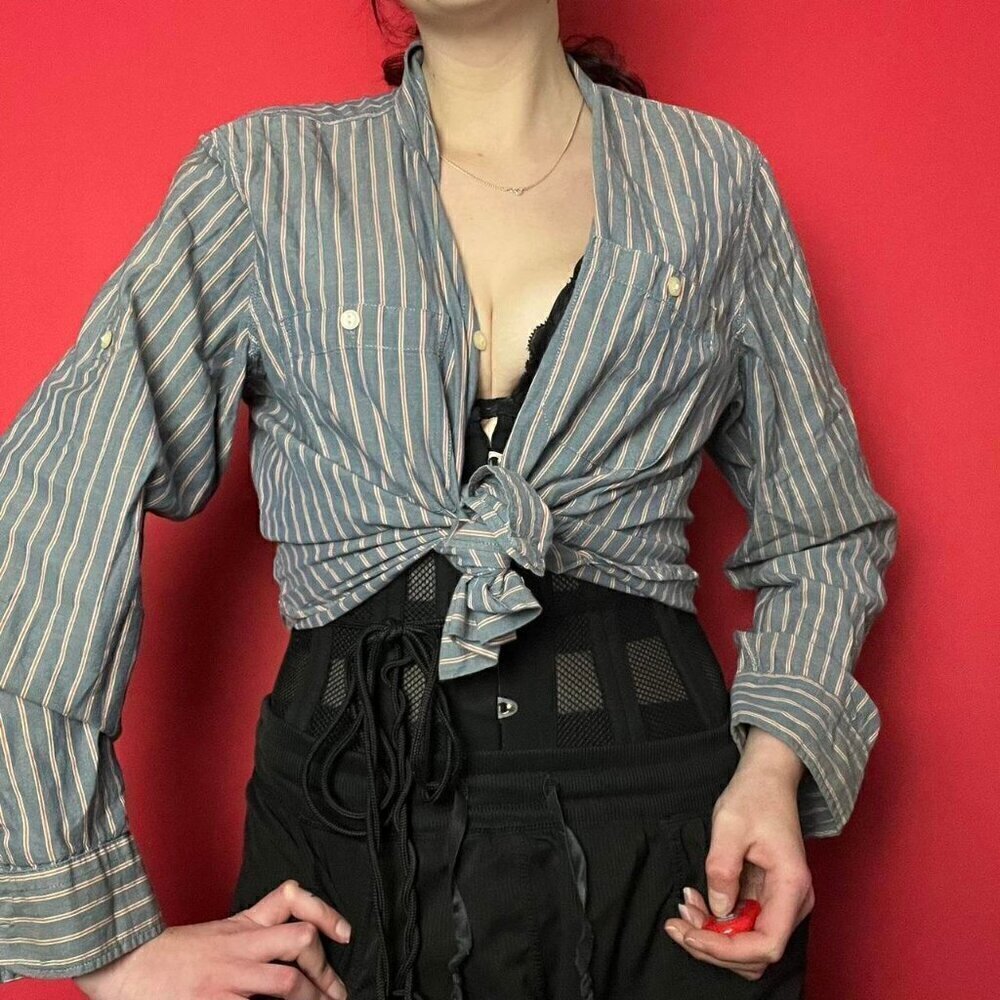 Greyish blue and orange button up long sleeve blouse 🩶🧡